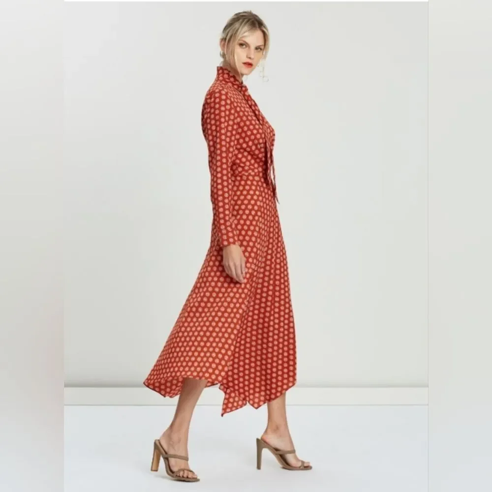 NWOT TOPSHOP Size 6 Horse Coin Midi Dress Long Sleeve V-neck with Ribbon Tie